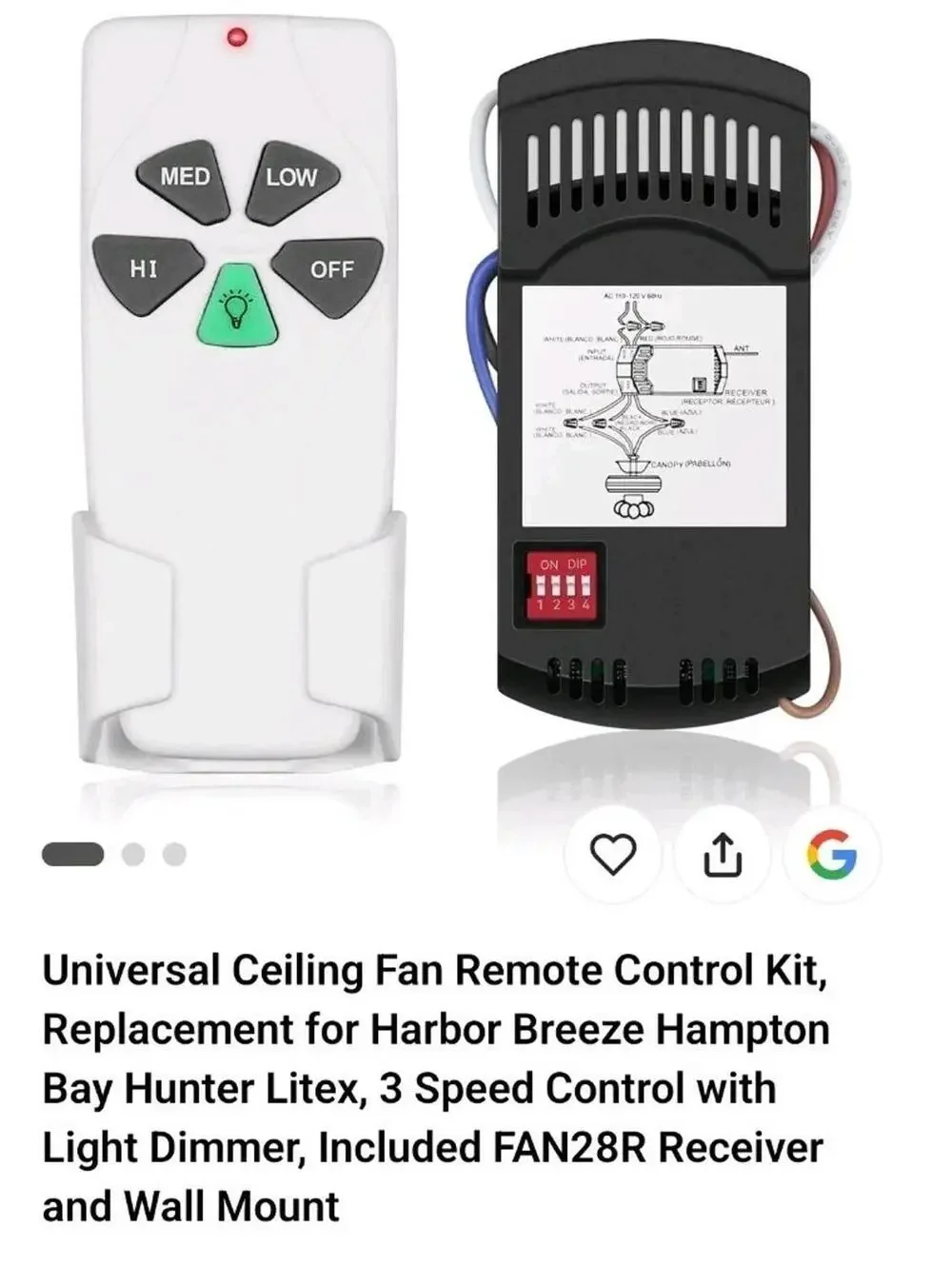 Universal Ceiling Fan Remote Control and Receiver Kit with dimmer for 3-Speed...